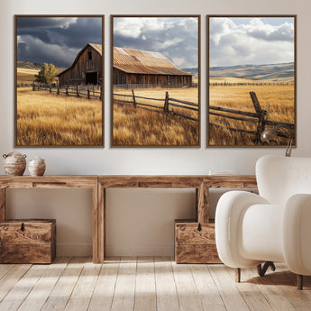 38758826-MGV-CV-36X24-Rustic Barn Wall Art Canvas Print, Framed Moody Barn Art Picture Print, Golden Field Perfect Rustic Farmhouse Decor Artwork