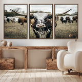 79025945-MGV-CV-36X24-Texas Longhorn Wall Art Canvas Print, Framed Speckled Cow Art Picture Print, Horned Cattle Perfect Rustic Western Decor Artwork