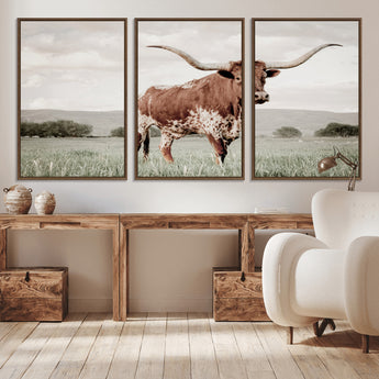 28309012-MGV-CV-36X24-Texas Longhorn Wall Art Canvas Print, Framed Spotted Cattle Art Picture Print, Horned Bull Perfect Rustic Western Decor Artwork