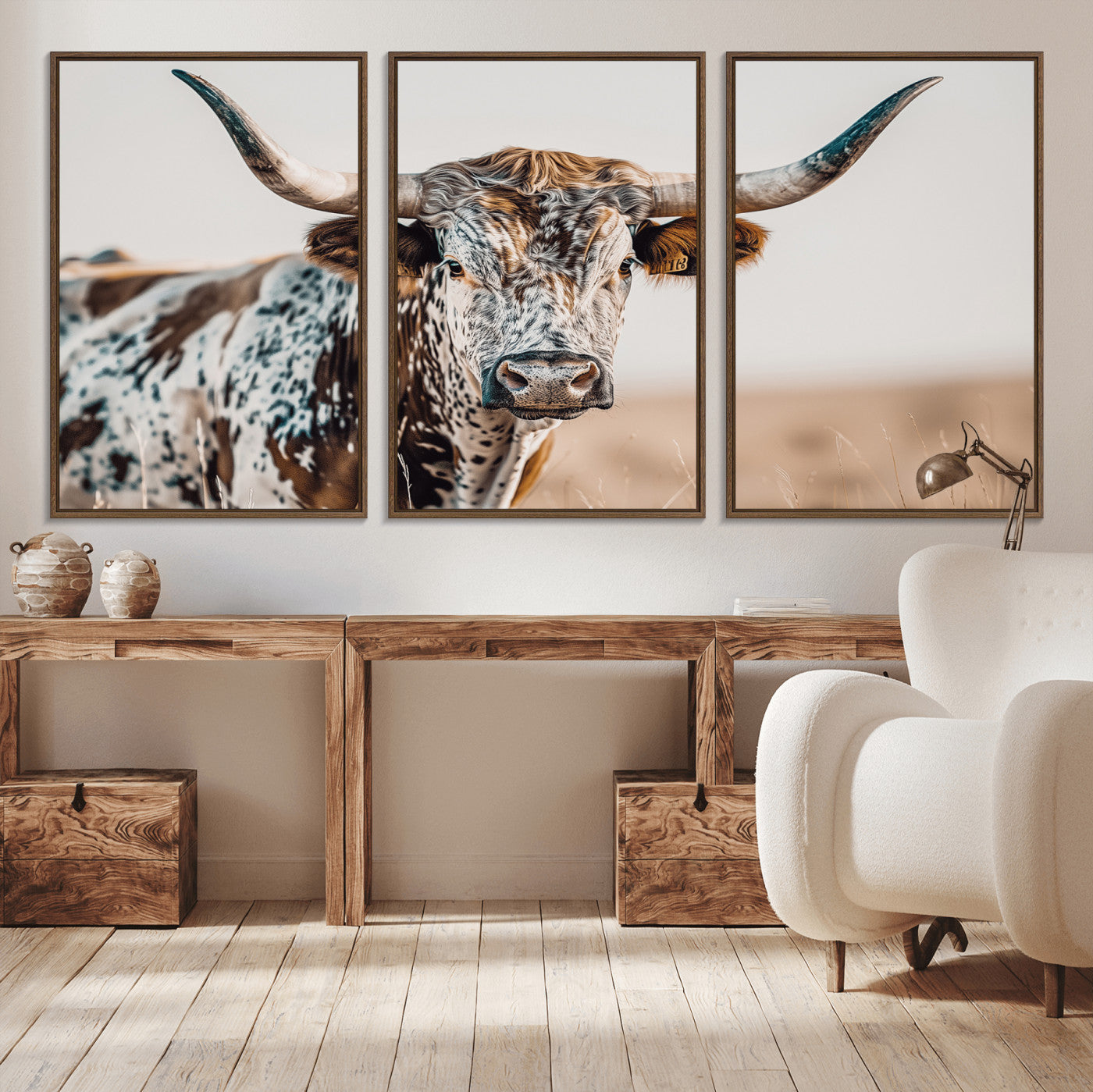 70414966-MGV-CV-36X24-Texas Longhorn Wall Art Canvas Print, Framed Speckled Cow Art Picture Print, Horned Bull Perfect Rustic Western Decor Artwork