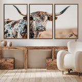 70414966-MGV-CV-36X24-Texas Longhorn Wall Art Canvas Print, Framed Speckled Cow Art Picture Print, Horned Bull Perfect Rustic Western Decor Artwork