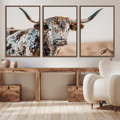 70414966-MGV-CV-36X24-Texas Longhorn Wall Art Canvas Print, Framed Speckled Cow Art Picture Print, Horned Bull Perfect Rustic Western Decor Artwork