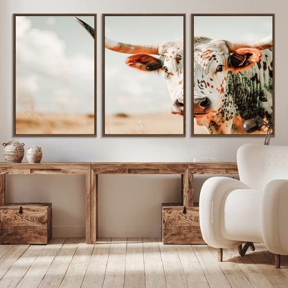 72766375-MGV-CV-36X24-Texas Longhorn Wall Art Canvas Print, Framed Spotted Cow Art Picture Print, Horned Cattle Perfect Rustic Western Decor Artwork