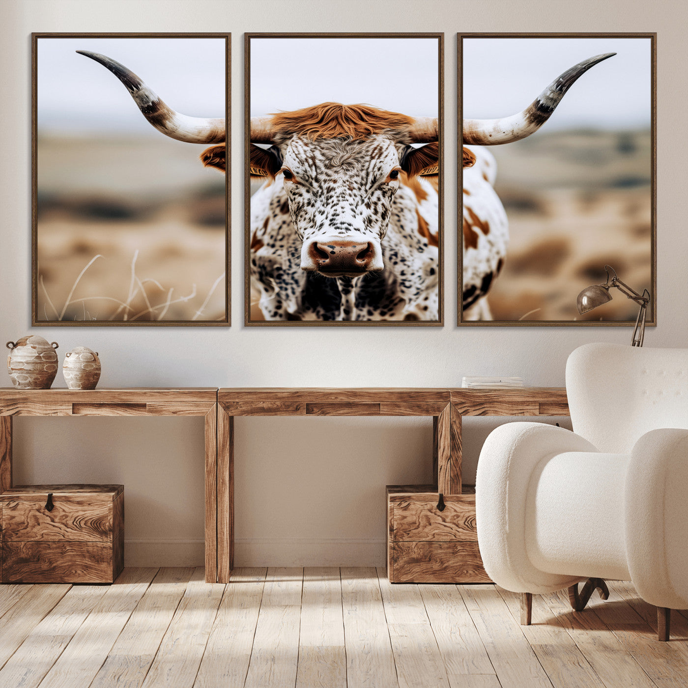 76294381-MGV-CV-36X24-Texas Longhorn Wall Art Canvas Print, Framed Spotted Cow Art Picture Print, Horned Cattle Perfect Rustic Western Decor Artwork