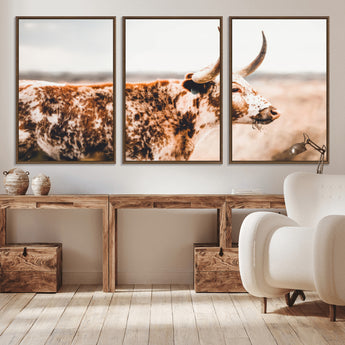 11528295-MGV-CV-36X24-Speckled Longhorn Wall Art Canvas Print, Framed Texas Cattle Art Picture Print, Horned Cow Perfect Rustic Western Decor Artwork
