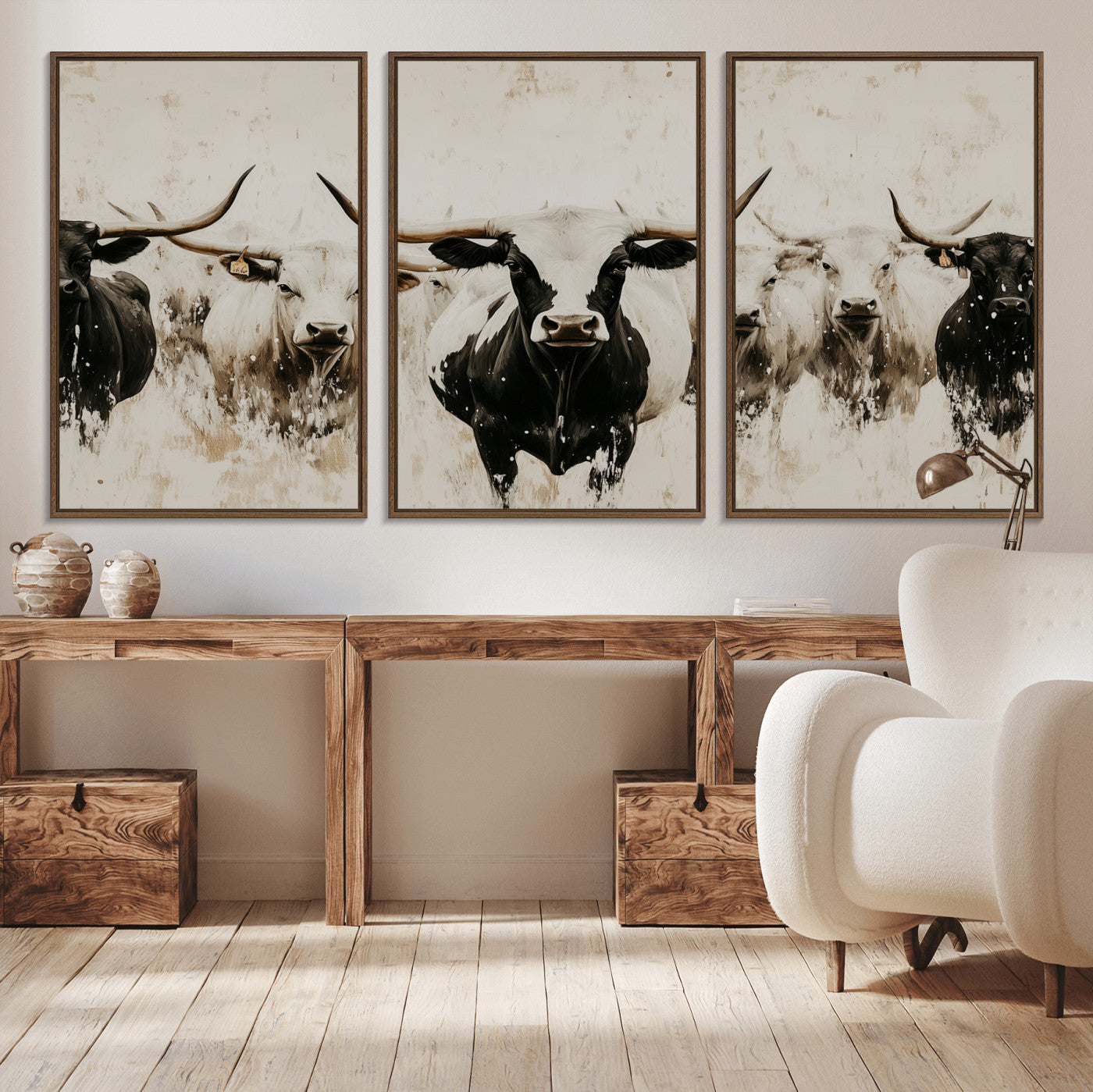 12027562-MGV-CV-36X24-Longhorn Cattle Wall Art Canvas Print, Framed Bison Herd Art Picture Print, Cattle Group Perfect Rustic Farmhouse Decor Artwork