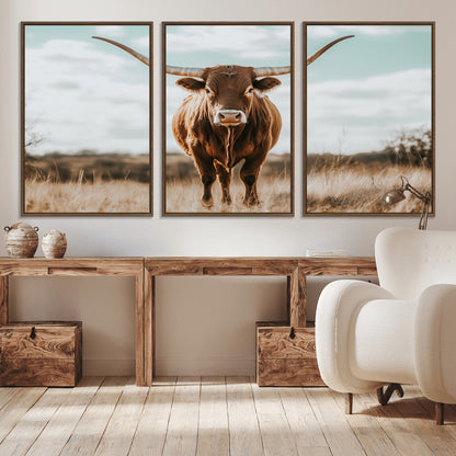 39350715-MGV-CV-36X24-Texas Longhorn Wall Art Canvas Print, Framed Longhorn Cow Art Picture Print, Western Cattle Perfect Rustic Western Decor Artwork