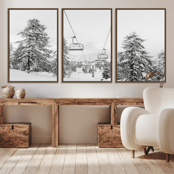 55003599-MGV-CV-36X24-Snowy Ski Lift Wall Art Canvas Print, Framed Winter Forest Art Picture Print, Ski lift Ride Perfect Winter Lodge Decor Artwork