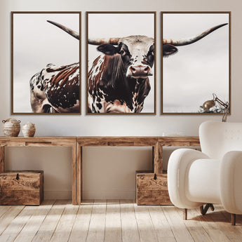 95249234-MGV-CV-36X24-Texas Longhorn Wall Art Canvas Print, Framed Spotted Bull Art Picture Print, Horned Cattle Perfect Rustic Farmhouse Decor Artwork