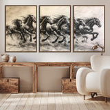 56089591-MGV-CV-36X24-Galloping Horses Wall Art Canvas Print, Framed Wild Stallions Art Picture Print, Horse Herd Sketch Perfect Monochrome Dynamic