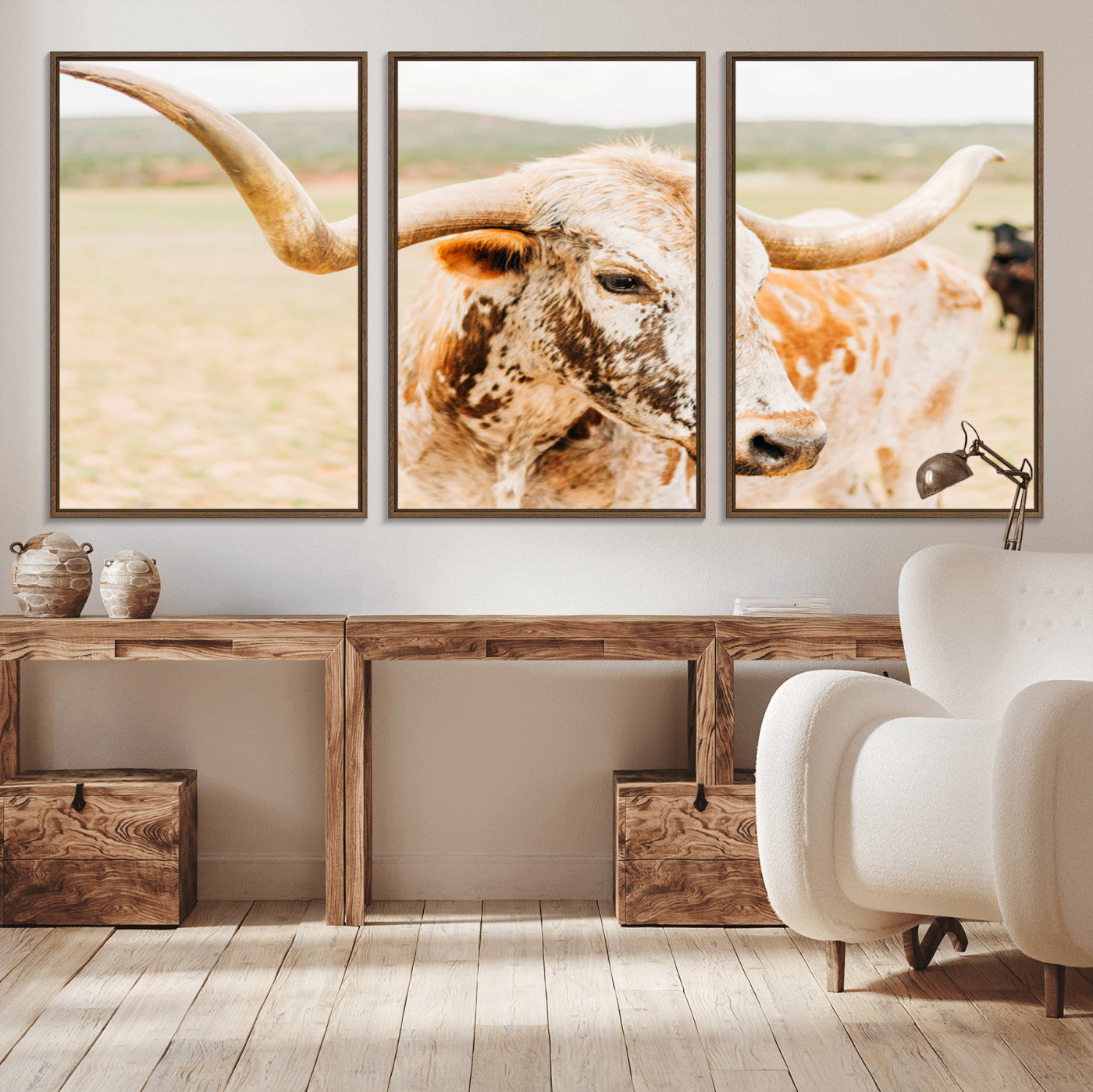 21060648-MGV-CV-36X24-Texas Longhorn Wall Art Canvas Print, Framed Speckled Cow Art Picture Print, Rustic Bull Perfect Rustic Western Decor Artwork