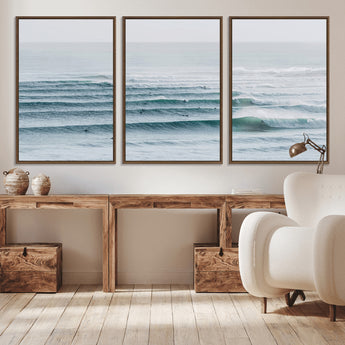 73969318-MGV-CV-36X24-Ocean Waves Wall Art Canvas Print, Framed Surfer Lineup Art Picture Print, Crowded Ocean Perfect Minimal Coastal Decor Artwork