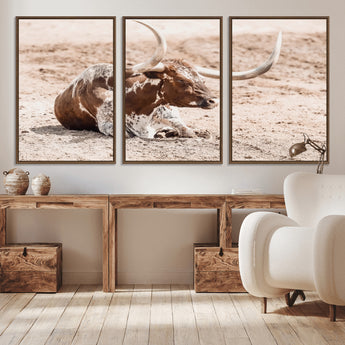 25407592-MGV-CV-36X24-Texas Longhorn Wall Art Canvas Print, Framed Resting Bull Art Picture Print, Spotted Cattle Perfect Rustic Western Decor Artwork