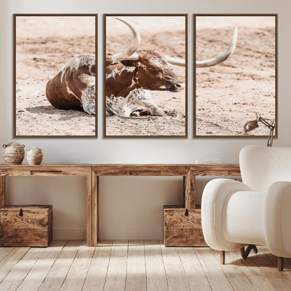 25407592-MGV-CV-36X24-Texas Longhorn Wall Art Canvas Print, Framed Resting Bull Art Picture Print, Spotted Cattle Perfect Rustic Western Decor Artwork