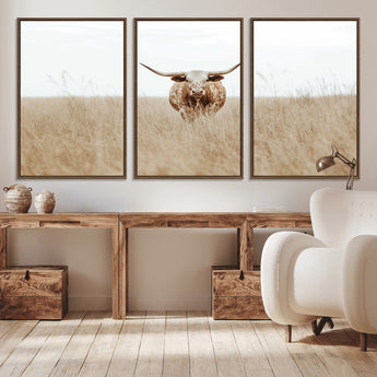 20927060-MGV-CV-36X24-Texas Longhorn Wall Art Canvas Print, Framed Lone Cattle Art Picture Print, Longhorn Bull Perfect Rustic Western Decor Artwork
