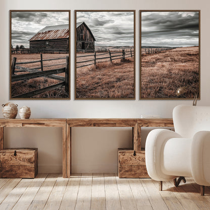 73898372-MGV-CV-36X24-Rustic Barn Wall Art Canvas Print, Framed Moody Field Art Picture Print, Weathered Fence Perfect Moody Farmhouse Decor Artwork