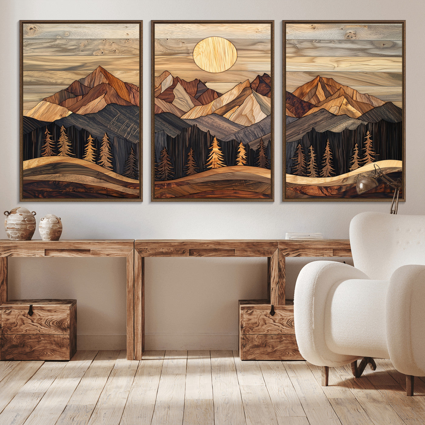50100230-MGV-CV-36X24-Wooden Mountain Wall Art – Rustic Nature Landscape Canvas Print, Handmade Style Sun, Forest, and Peaks Artwork for Living Room,