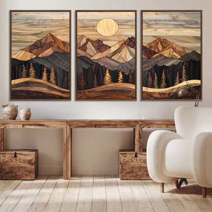 50100230-MGV-CV-36X24-Wooden Mountain Wall Art – Rustic Nature Landscape Canvas Print, Handmade Style Sun, Forest, and Peaks Artwork for Living Room,