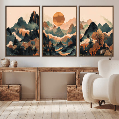 13012770-MGV-CV-36X24-Mountain Landscape Wall Art – Modern Nature Canvas Print with Sun, Misty Peaks, and Forest in Orange and Green Tones for Living