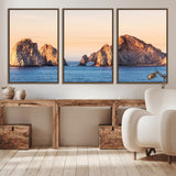 72996116-MGV-CV-36X24-El Arco Wall Art Canvas Print, Framed Cabo Rocks Art Picture Print, Ocean Arch Perfect Golden Coastal Landmark Decor Artwork
