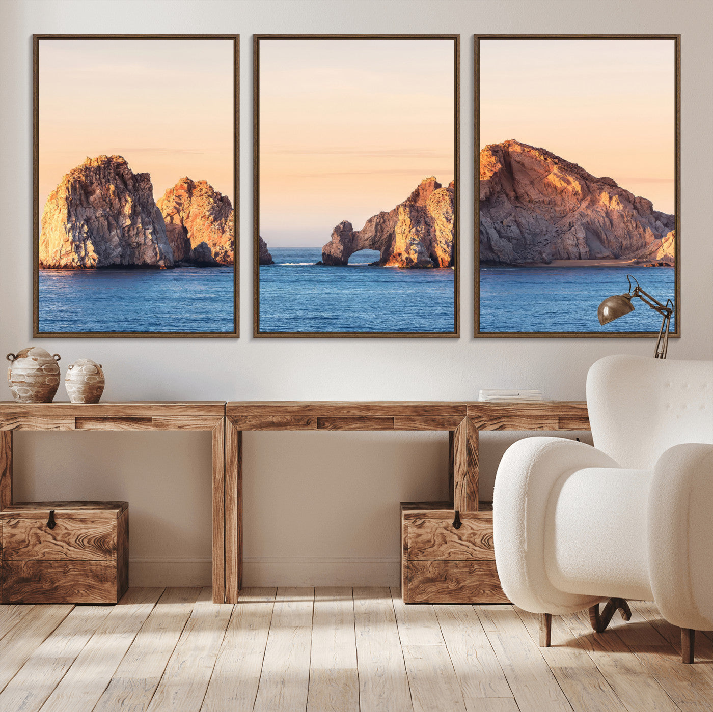 72996116-MGV-CV-36X24-El Arco Wall Art Canvas Print, Framed Cabo Rocks Art Picture Print, Ocean Arch Perfect Golden Coastal Landmark Decor Artwork