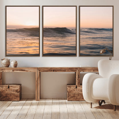 46299358-MGV-CV-36X24-Sunset Waves Wall Art Canvas Print, Framed Ocean Horizon Art Picture Print, Golden Water Perfect Golden Hour Coastal Decor Artwork