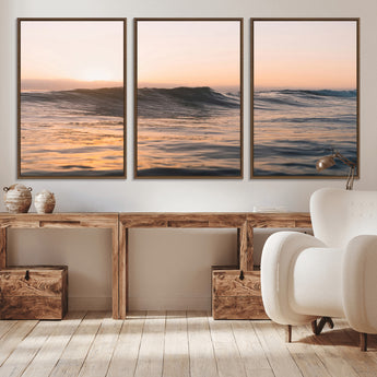 46299358-MGV-CV-36X24-Sunset Waves Wall Art Canvas Print, Framed Ocean Horizon Art Picture Print, Golden Water Perfect Golden Hour Coastal Decor Artwork