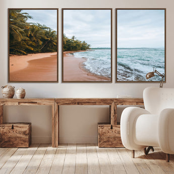 88125882-MGV-CV-36X24-Tropical Shoreline Wall Art Canvas Print, Framed Palm Trees Art Picture Print, Tropical Ocean Perfect Tropical Coastal Decor