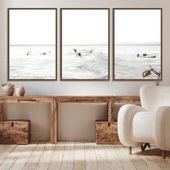 33449548-MGV-CV-36X24-Group Surfers Wall Art Canvas Print, Framed Ocean Wave Art Picture Print, Surf Crowd Perfect Monochrome Surf Decor Artwork
