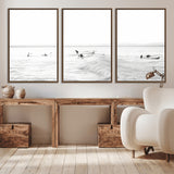 33449548-MGV-CV-36X24-Group Surfers Wall Art Canvas Print, Framed Ocean Wave Art Picture Print, Surf Crowd Perfect Monochrome Surf Decor Artwork