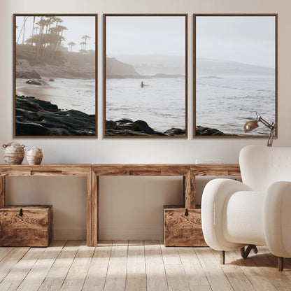 62501405-MGV-CV-36X24-Misty Beach Wall Art Canvas Print, Framed California Surfer Art Picture Print, Coastal Cliff Perfect Coastal Beach Decor Artwork