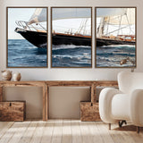 97168626-MGV-CV-36X24-Sailing Yacht Wall Art Canvas Print, Framed Wooden Yacht Art Picture Print, Ocean Waves Perfect Nautical Coastal Decor Artwork