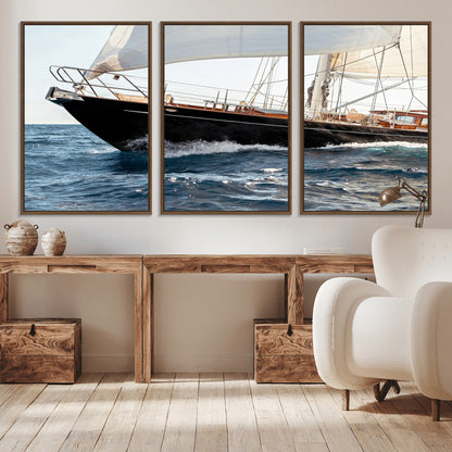 97168626-MGV-CV-36X24-Sailing Yacht Wall Art Canvas Print, Framed Wooden Yacht Art Picture Print, Ocean Waves Perfect Nautical Coastal Decor Artwork