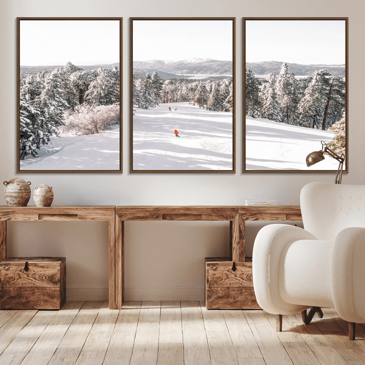 62119206-MGV-CV-36X24-Snowy Trail Wall Art Canvas Print, Framed Ski Slope Art Picture Print, Winter Pines Perfect Alpine Adventure Decor Artwork