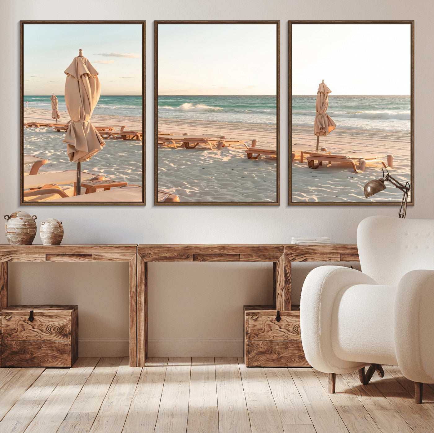 58507949-MGV-CV-36X24-Beach Umbrellas Wall Art Canvas Print, Framed Empty Loungers Art Picture Print, Soft Sand Perfect Minimalist Seaside Decor Artwork