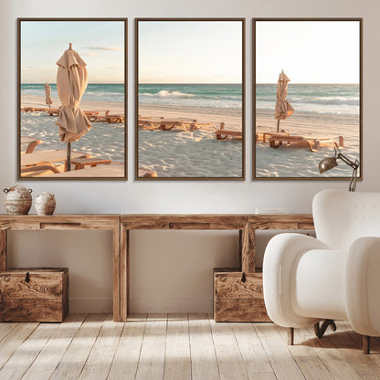 58507949-MGV-CV-36X24-Beach Umbrellas Wall Art Canvas Print, Framed Empty Loungers Art Picture Print, Soft Sand Perfect Minimalist Seaside Decor Artwork