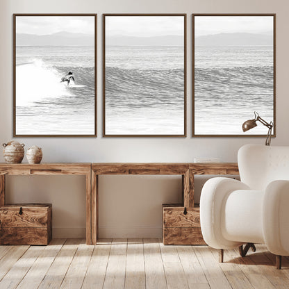 81535128-MGV-CV-36X24-Surfer Woman Wall Art Canvas Print, Framed Black Ocean Art Picture Print, Ocean Surfing Perfect Monochrome Coastal Decor Artwork