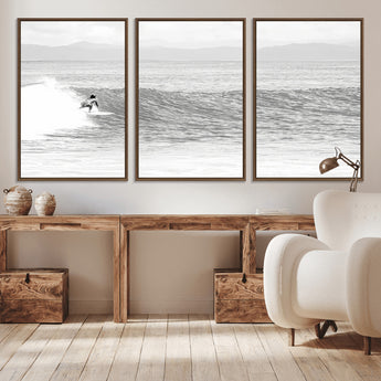 81535128-MGV-CV-36X24-Surfer Woman Wall Art Canvas Print, Framed Black Ocean Art Picture Print, Ocean Surfing Perfect Monochrome Coastal Decor Artwork