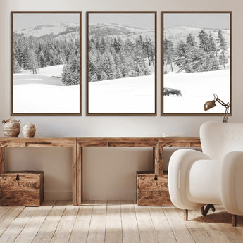 68081143-MGV-CV-36X24-Snowy Bison Wall Art Canvas Print, Framed Winter Forest Art Picture Print, Lone Bison Perfect Monochrome Winter Wild Decor Artwork