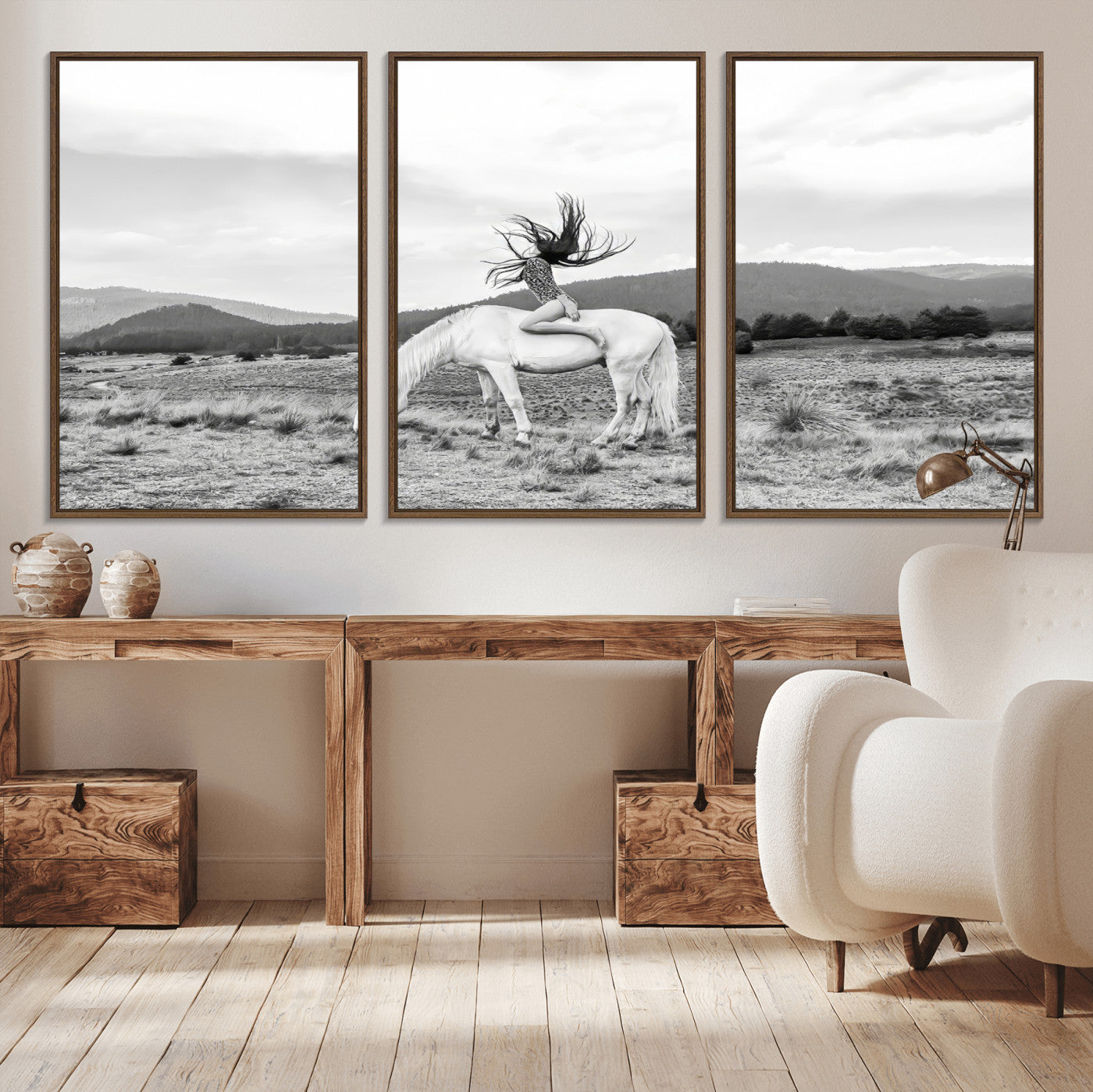 62789800-MGV-CV-36X24-White Horse Wall Art Canvas Print, Framed Woman Rider Art Picture Print, Equestrian Pose Perfect Western Boho Decor Artwork