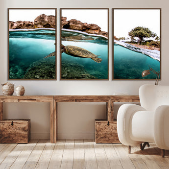 44200301-MGV-CV-36X24-Sea Turtle Swim Wall Art Canvas Print, Framed Ocean Life Art Picture Print, Tropical Shoreline Perfect Tropical Coastal Decor