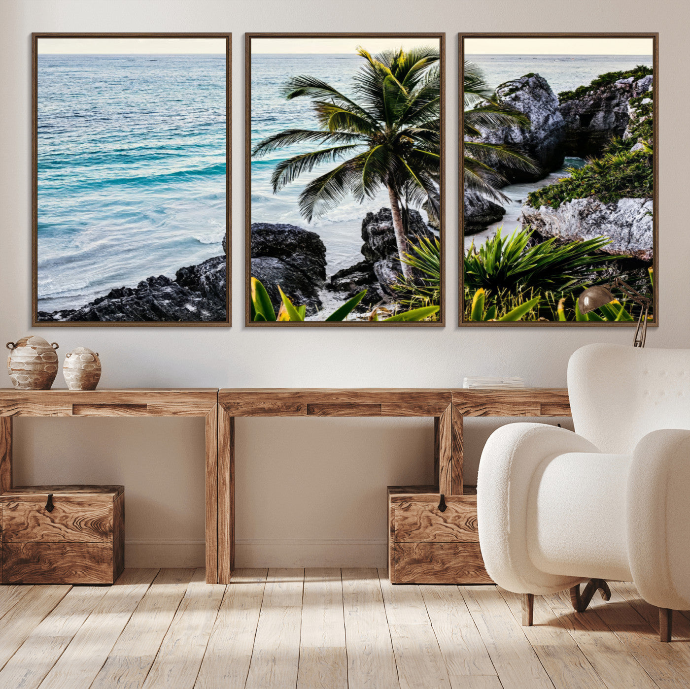 94669907-MGV-CV-36X24-Tropical Coastline Wall Art Canvas Print, Framed Palm Tree Art Picture Print, Rocky Beach Perfect Tropical Coastal Decor Artwork