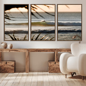 24896468-MGV-CV-36X24-Sunset Surf Wall Art Canvas Print, Framed Golden Waves Art Picture Print, Tropical Ocean Perfect Tropical Boho Decor Artwork