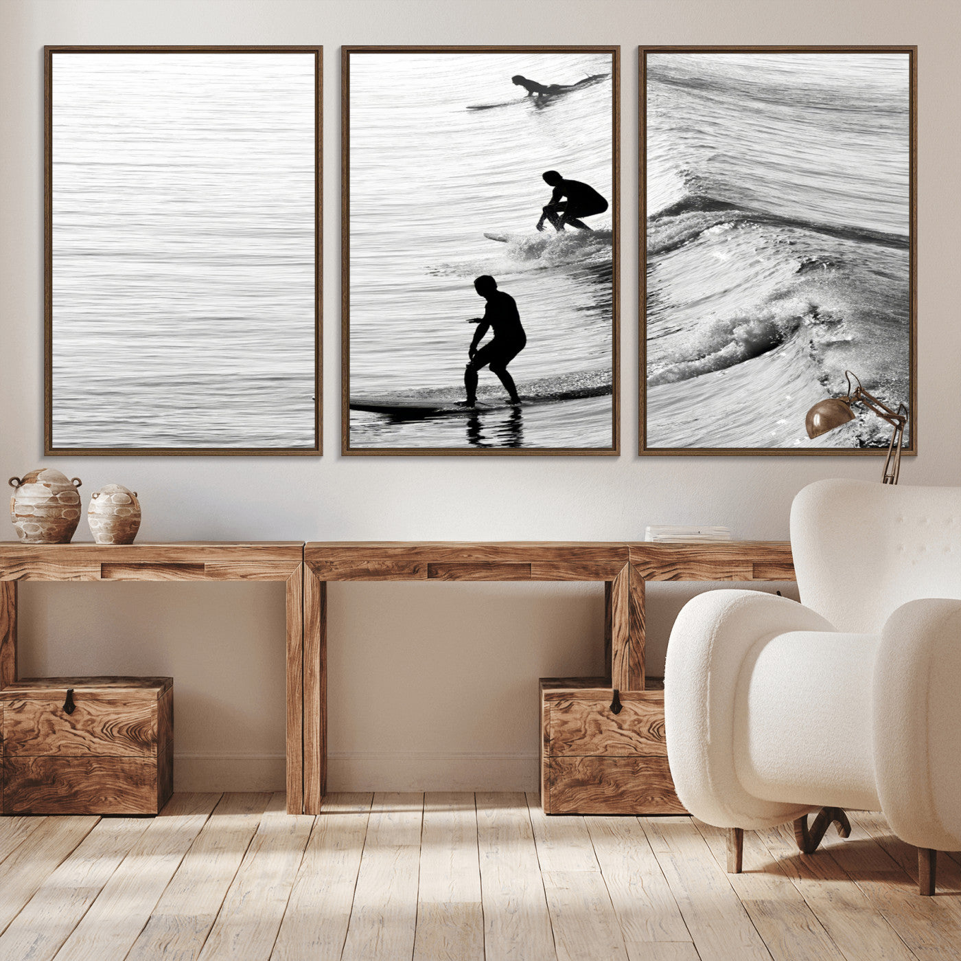 19875284-MGV-CV-36X24-Surfer Waves Wall Art Canvas Print, Framed Black White Surf Art Picture Print, Monochrome Ocean Perfect Modern Coastal Decor