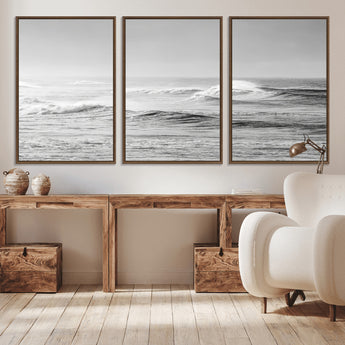 98634812-MGV-CV-36X24-Black and White Ocean Waves Wall Art – Minimalist Sea Canvas Print, Coastal Photography Decor for Living Room, Bedroom or Office