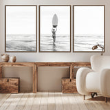 98446901-MGV-CV-36X24-Monochrome Surf Wall Art Canvas Print, Framed Minimalist Surfer Art Picture Print, Surfboard Silhouette Perfect Coastal Minimalist