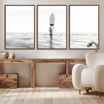 98446901-MGV-CV-36X24-Monochrome Surf Wall Art Canvas Print, Framed Minimalist Surfer Art Picture Print, Surfboard Silhouette Perfect Coastal Minimalist