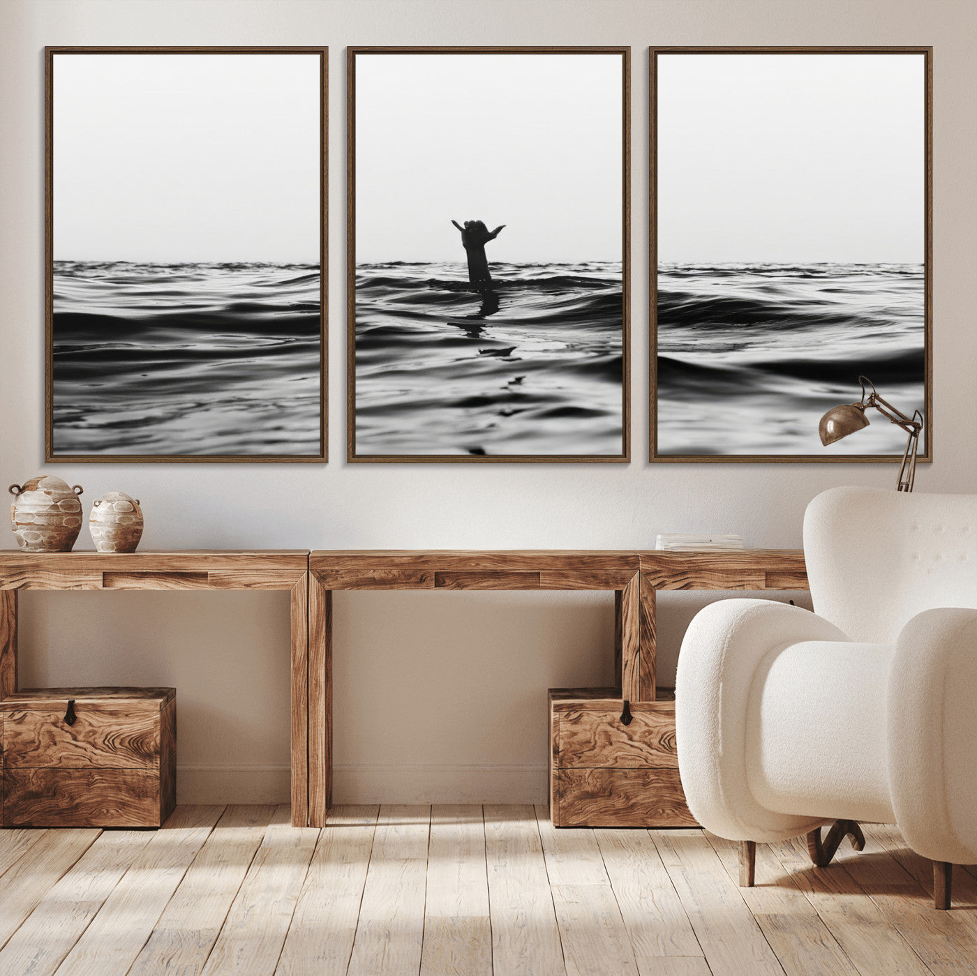 69541918-MGV-CV-36X24-Black White Ocean Wall Art Canvas Print, Framed Moody Seascape Art Picture Print, Surfer Sign Perfect Moody Minimalist Decor