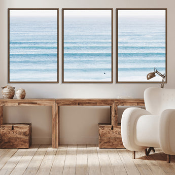 77145995-MGV-CV-36X24-Ocean Simplicity Wall Art Canvas Print, Framed Surfer on Water Art Picture Print, Light Blue Perfect Coastal Minimalist Decor