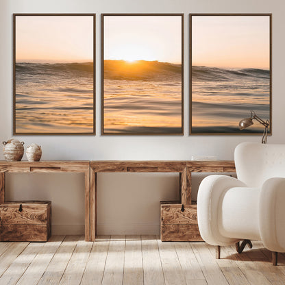 16973771-MGV-CV-36X24-Calm Water Wall Art Canvas Print, Framed Sunset Waves Art Picture Print, Coastal Warmth Perfect Warm Minimalist Decor Artwork